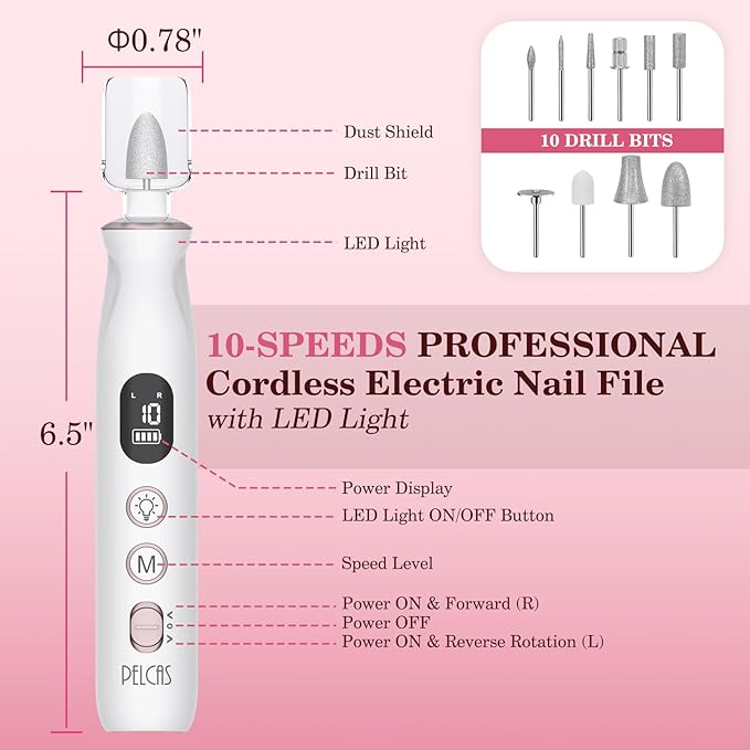 PELCAS Electric Nail File, 10 Speeds Cordless Nail Drill - Image 5