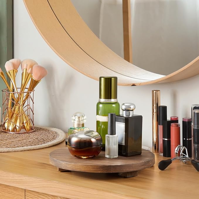Small Round Decorative Tray Burnt Wood Bathroom Counter Organizer Pedestal - Image 5