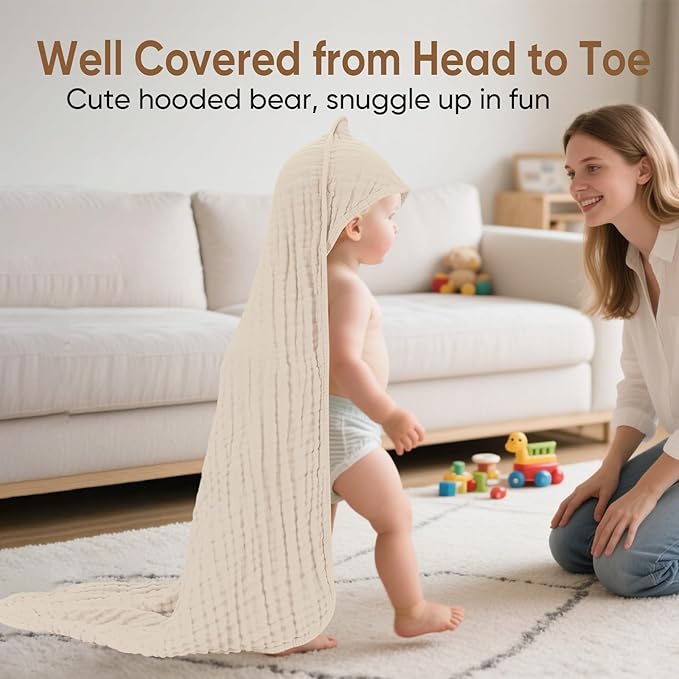 MIGIOL Muslin Hooded Baby Towels 100% Cotton ，Super Soft Muslin Baby Bath Towel - Image 5