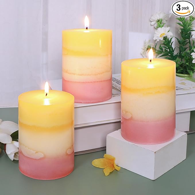 Sweet Scented Candles 3x4 Inch Pillar Candle Honeysuckle Scented Layered Yellow by FLAVCHARM