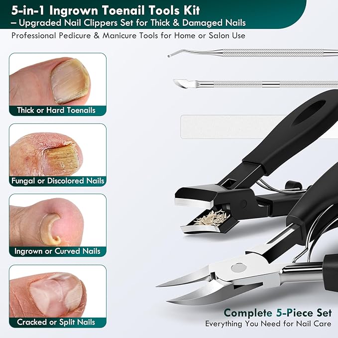 5-in-1 Professional Ingrown Toenail Tools Kit, Wide Jaw Slanted Nail Clippers & - Image 5