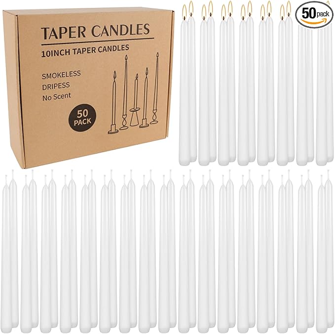 WPONSZU 50 Pack White Taper Candles, 7-8 Hours Burn Time, Smokeless and Dripless by WPONSZU