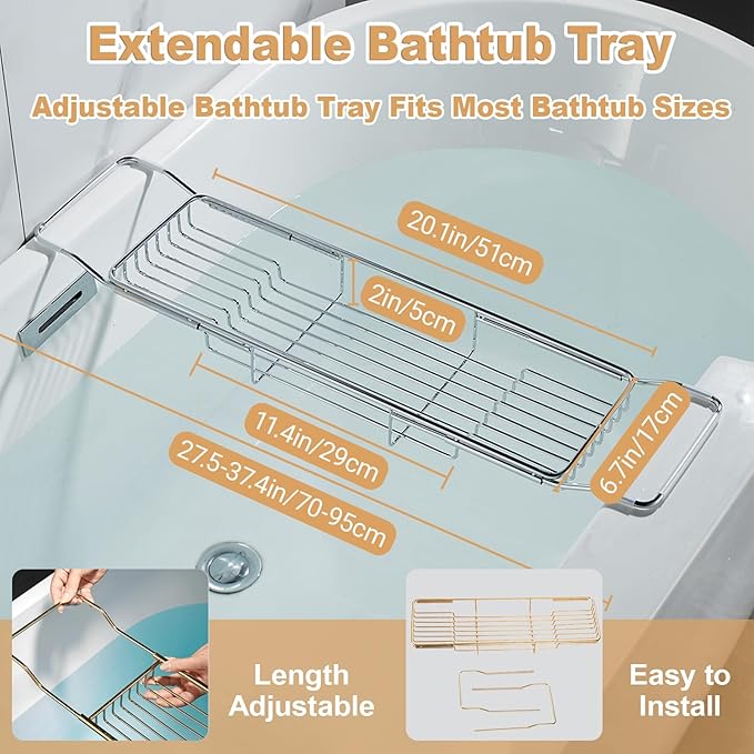 Stainless Steel Bathtub Caddy Tray, Expandable Bath Tub Tray Table, Adjustable - Image 2