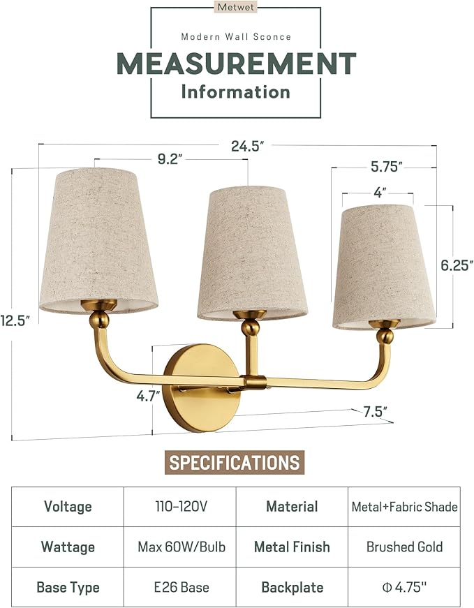 3-Light Bathroom Light Fixtures, Brushed Gold Vanity Lights - Image 2