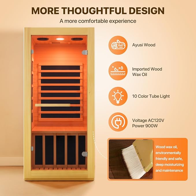OUTEXER Infrared Sauna Room Indoor Saunas Home Obeche Wood 900W Low-EMF Dry - Image 6