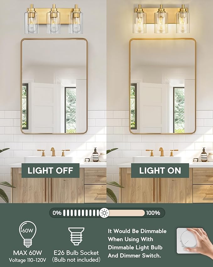 3-Light Bathroom Light Fixtures, Brushed Gold Vanity Light - Image 4