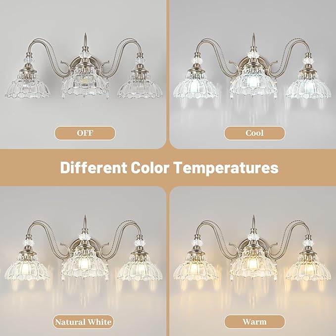 Brushed Nickel Bathroom Vanity Light, 3-Light Nickel Finish Wall Sconce - Image 7