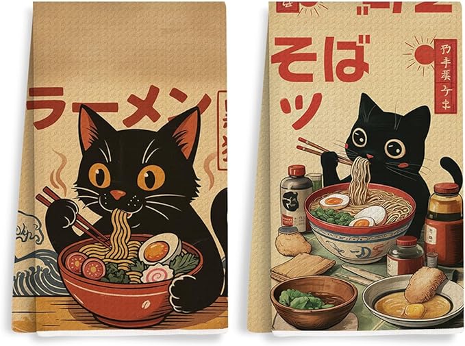 2PCS Vintage Japanese Cat Kitchen Towels, Quirky Ramen Cat Reusable Absorbent by Unknown