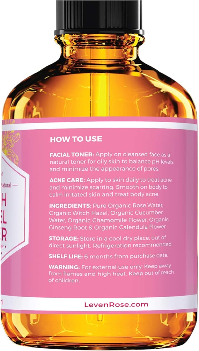 Witch Hazel Alcohol Free Toner by Leven Rose, 100% Pure Organic Facial Rose - Image 2