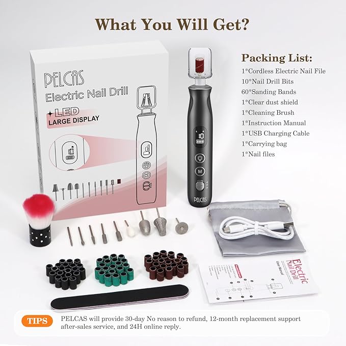PELCAS Electric Nail Grinder, 10 Speeds Cordless Nail Drill - Image 7