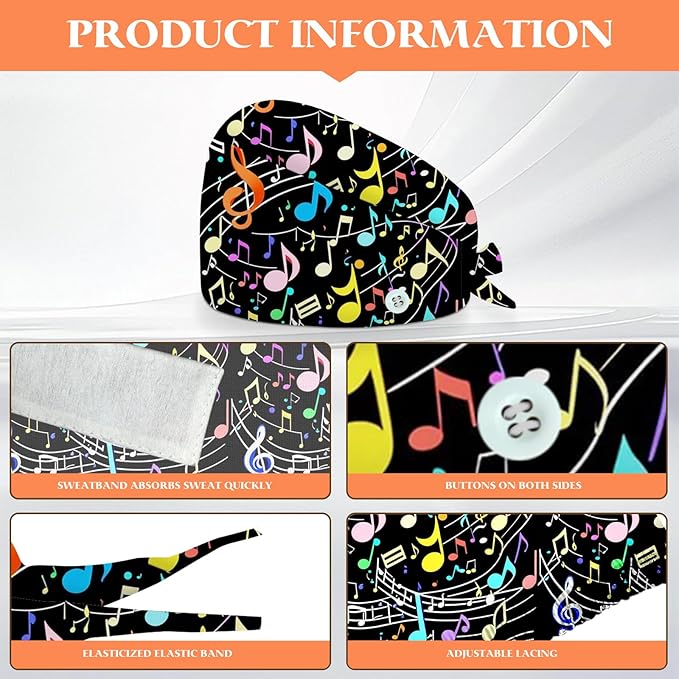 Adjustable Scrub Cap with Buttons & Sweatband, Working Hat with Elastic Tie Back - Image 2
