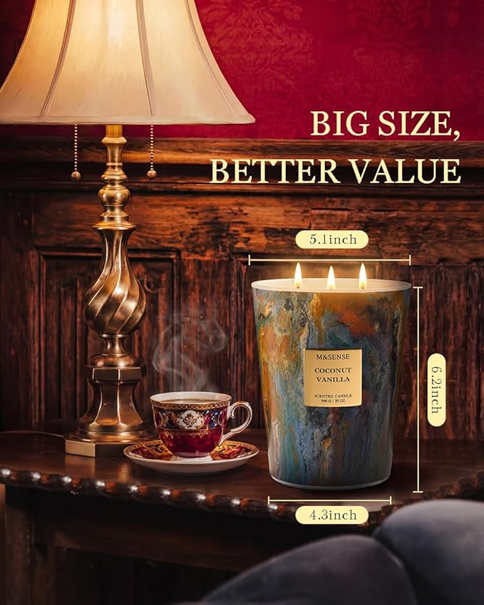 M&SENSE Large 3-Wick Coconut Vanilla Scented Soy Candle, 35oz 150 Hours - Image 2