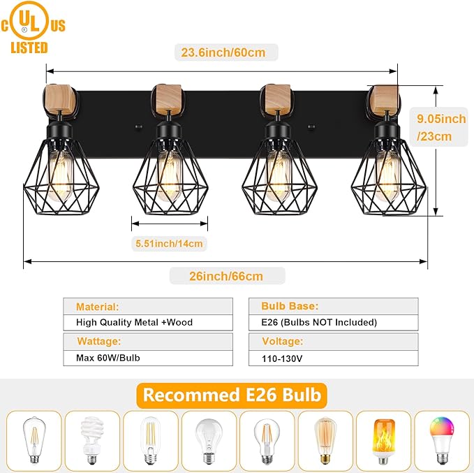 FadimiKoo 4-Light Farmhouse Bathroom Light Fixtures Over Mirror, Rustic Wood - Image 2