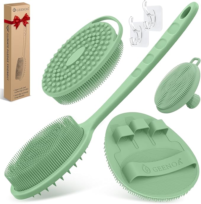 Silicone Back/Body/Face Scrubber & Soft Bath Glove Set 4PCS, Gentle Exfoliating by GEENOA