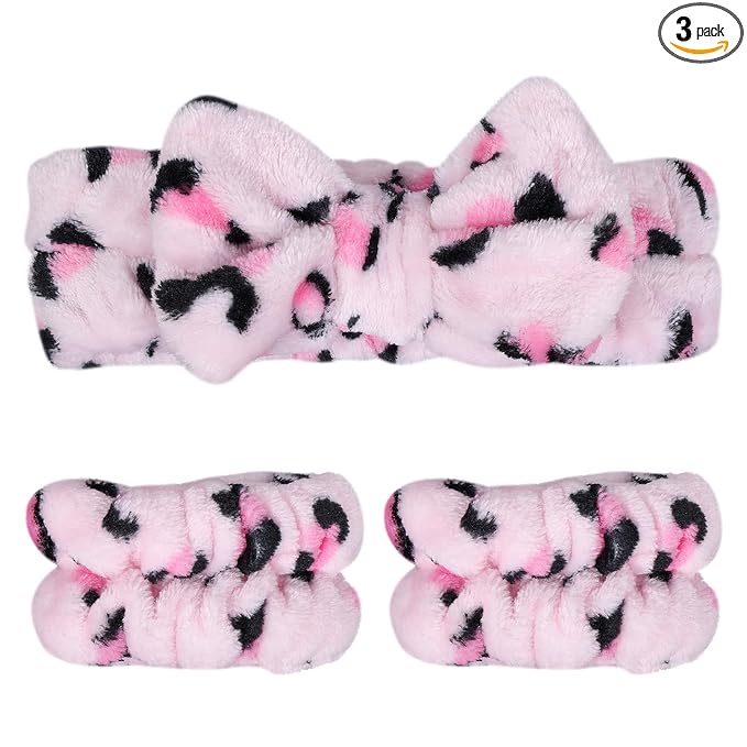 Pink Leopard Print Plush Wash Face Headband Bowknot Cheetah Spa Hair Band Wrist by Miroksh