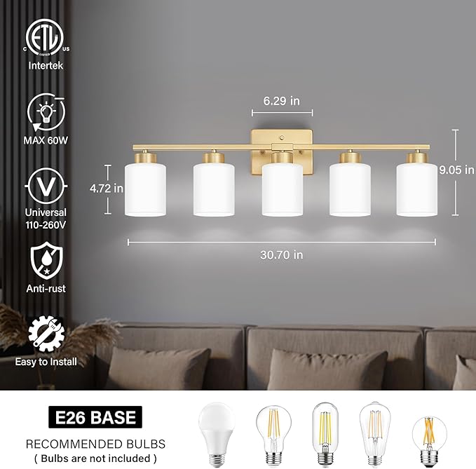 FonmYim Gold Bathroom Light Fixtures, 5-Light Modern Vanity Light Over Mirror - Image 2