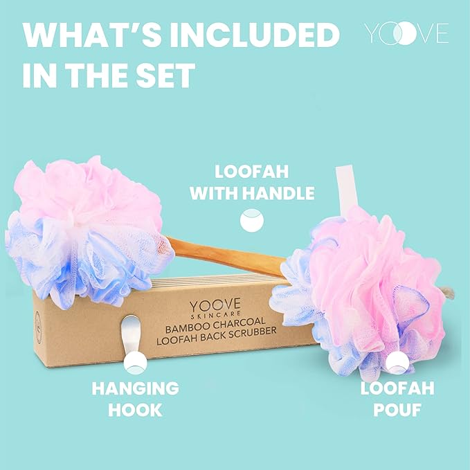 Yoove Loofah Back Scrubber w/Bamboo Charcoal Fiber Infused Bath Sponge - Image 3