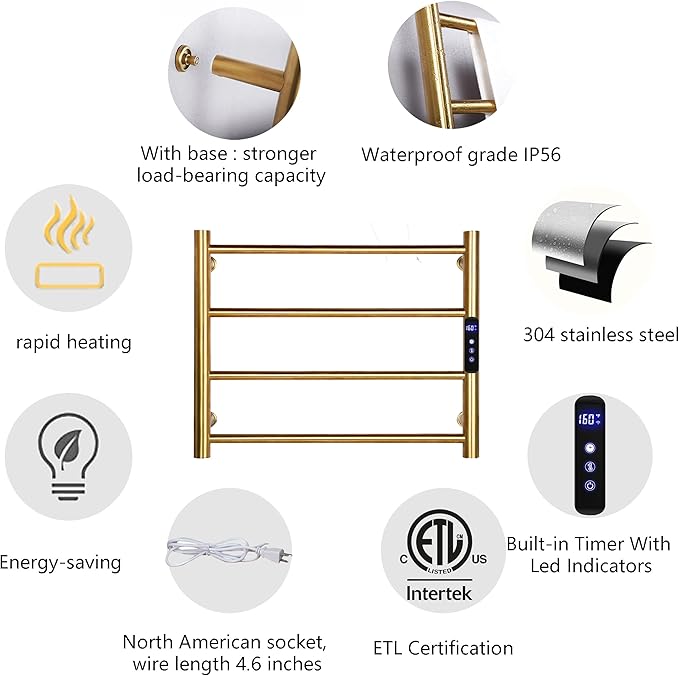 Heated Towel Rack Gold, 4 Bars Towel Warmer Rack - Image 5