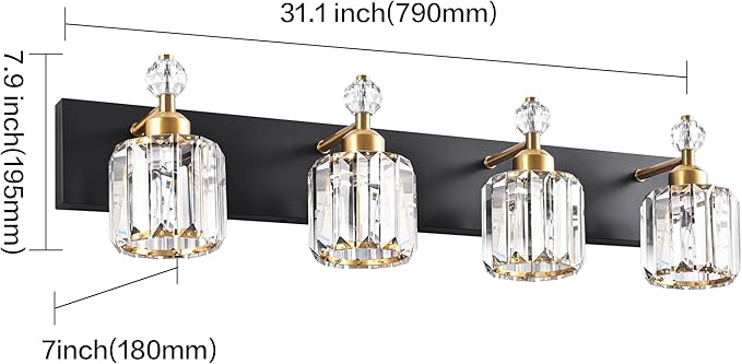 PRESDE 4-Light Crystal Bathroom Vanity Light, Modern Black and Gold Bathroom - Image 4