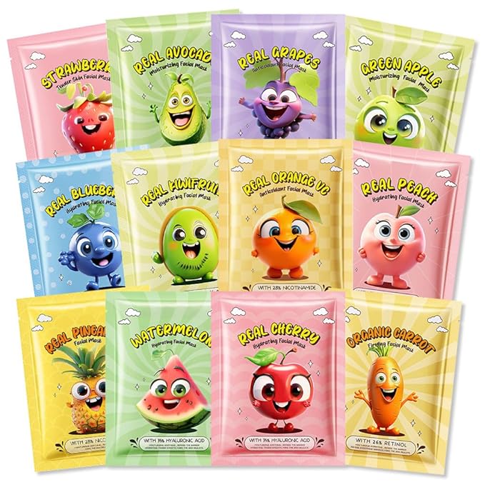 Kaely 12 Pack Fruit Face Masks for Kids, Kids Face Mask Spa Day Kit Supplies by KaelyCosmetics