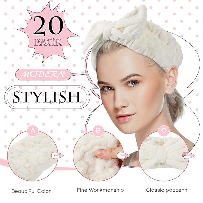 Yunlly 20 Pcs Spa Headband for Women 4 Inches Width Facial Makeup Hair Band - Image 3