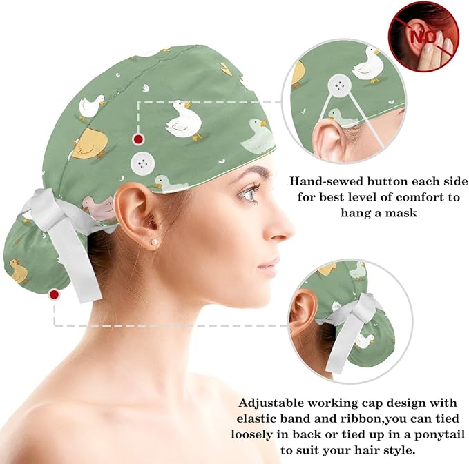 Scrub Caps Women Ponytail Cute Pink and White Leaves Caps Bouffant Working Hat - Image 3