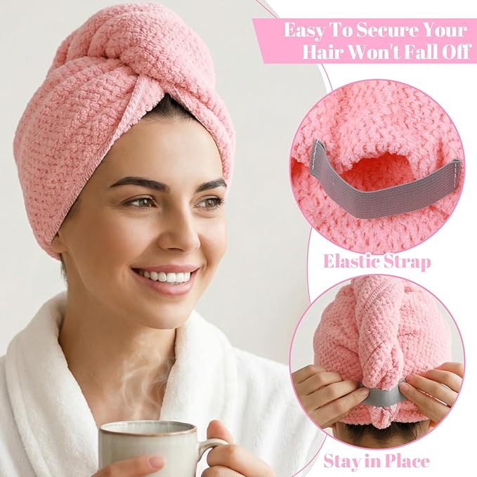 Pink Hair Towel, Large Quick Dry Microfiber Hair Towel Wrap Super Soft - Image 4