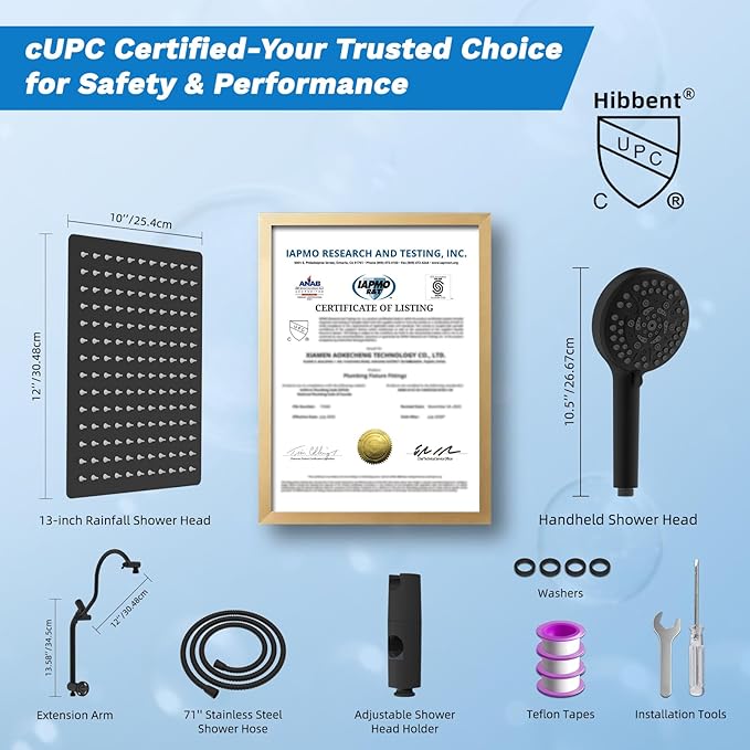 Hibbent cUPC Certified All Metal 12" Rainfall Showerhead Combo, High Pressure - Image 9