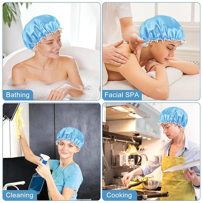 Waterproof Shower Caps for Women, Solid Color Dual-Layer Elastic Band Design - Image 6