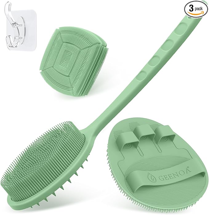 Silicone Back & Face Scrubber & Bath Glove Set 3PCS, 13.4'' Gentle Back Scrubber by GEENOA