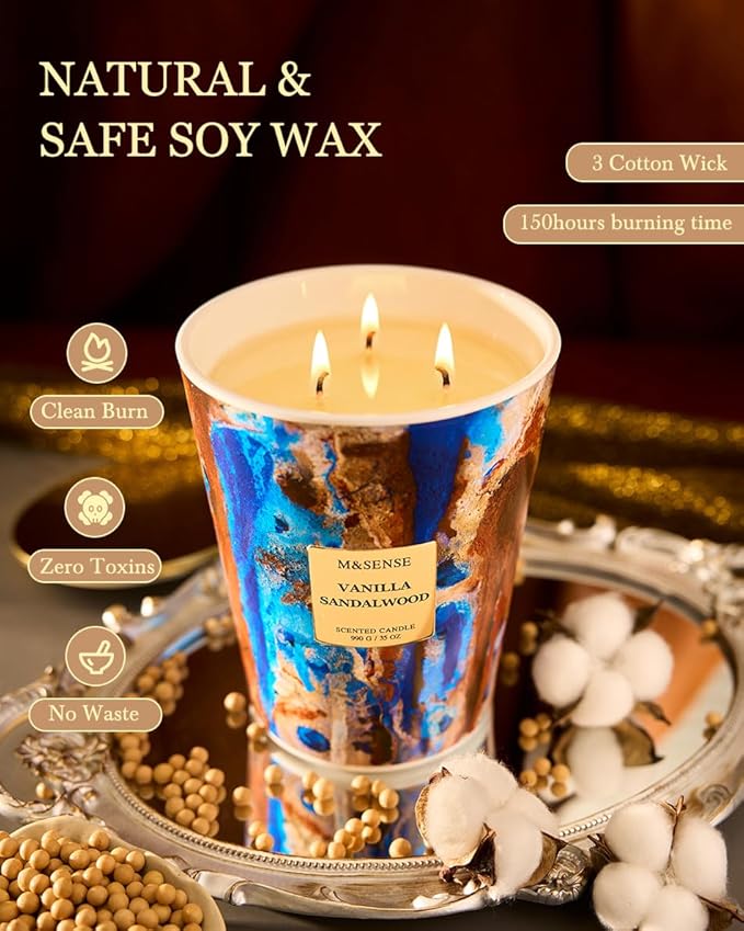 M&SENSE Large Soy Vanilla Sandalwood Scented Candle, 35oz 150 Hours 3-Wick - Image 4