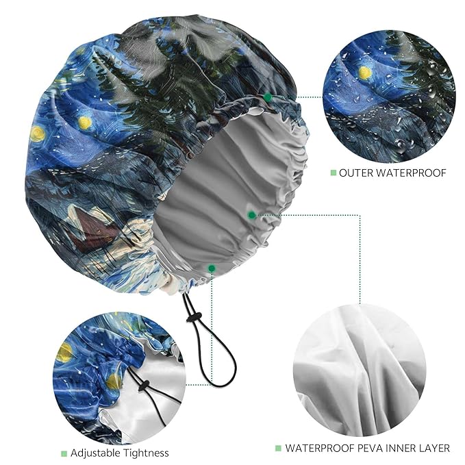 2 PCS Shower Cap Waterproof Double Layer Elastic Adjustable Reusable Hair Bath - Image 3