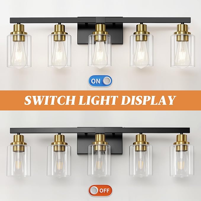5-Light Black and Gold Bathroom Vanity Light, Bathroom Light Fixtures, Wall - Image 6