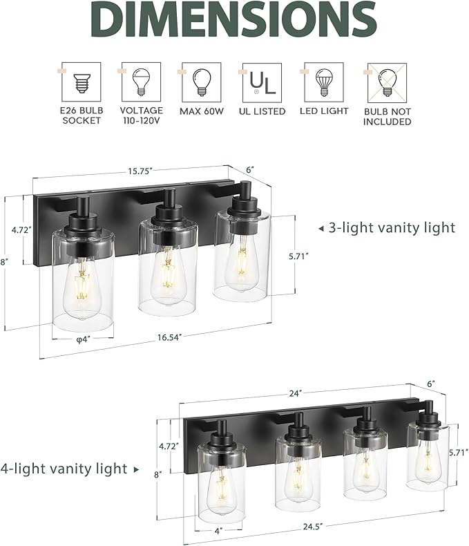 3-Light Bathroom Light Fixtures, Modern Vanity Lighting Fixtures Over Mirror - Image 3