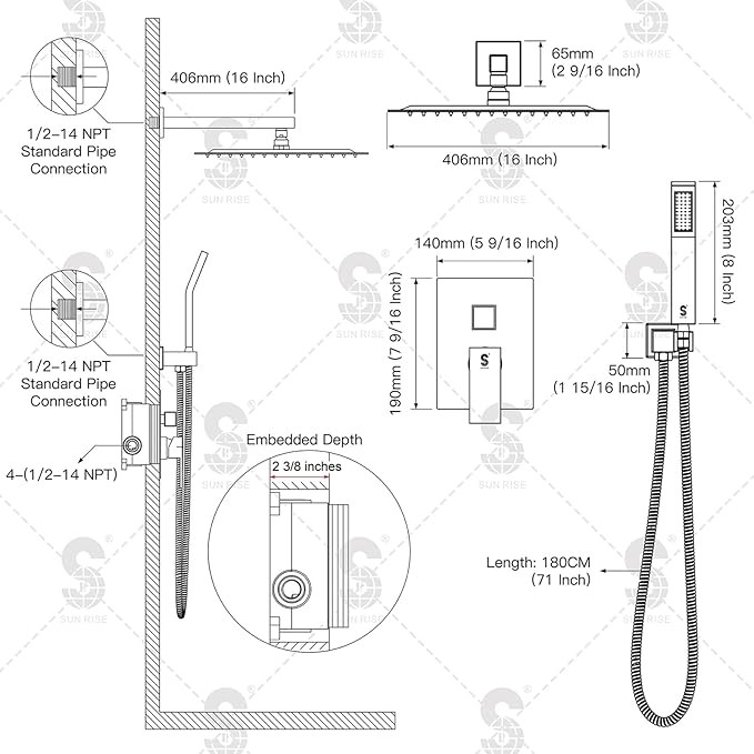 SR SUN RISE Polished Chrome Square Rainfall Shower Head and Handle Set - Image 6