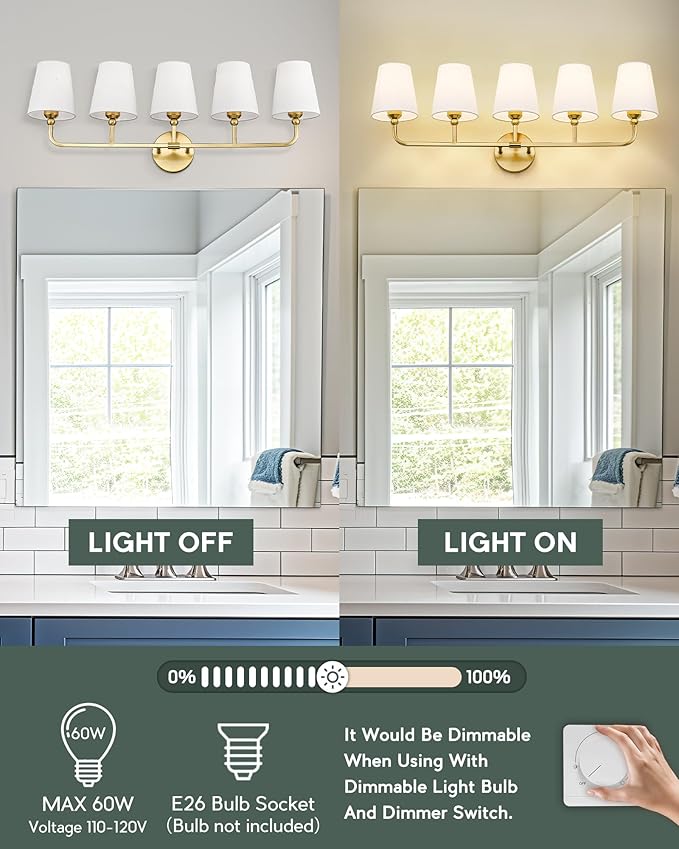 Bathroom Light Fixtures, 5 Light Brushed Gold Vanity Lights - Image 7