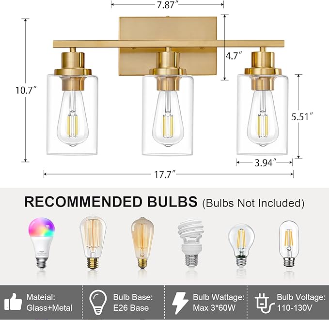 3 Light Bathroom Light Fixtures Brushed Brass Vanity Light Over Mirror Modern - Image 3