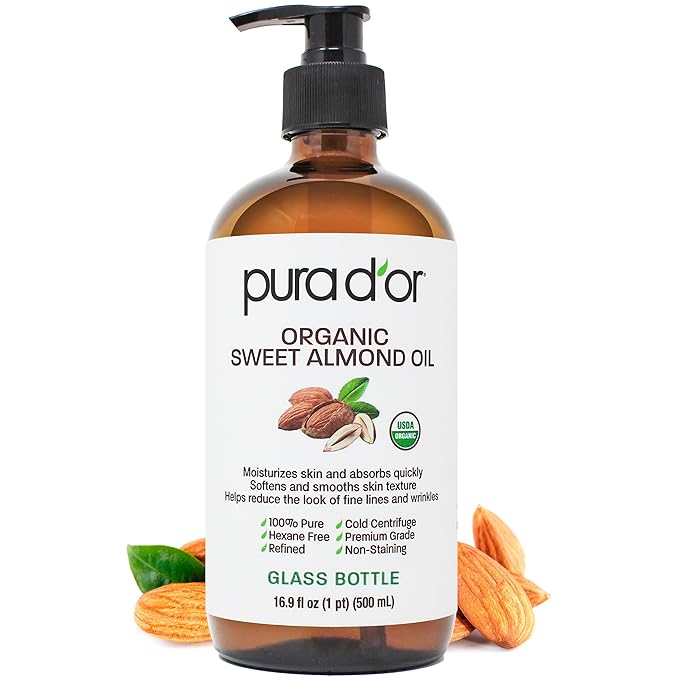PURA D'OR ORGANIC Sweet Almond Oil 100% Pure & Natural USDA Certified Cold by PURADOR