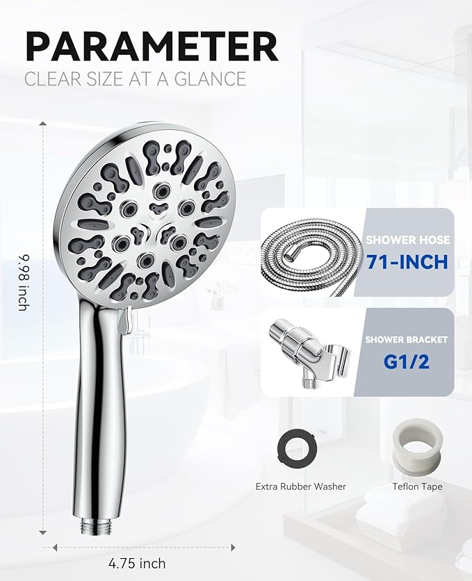 JDO Shower Head with Handheld, High Pressure Handheld Shower Head 9 Settings - Image 7