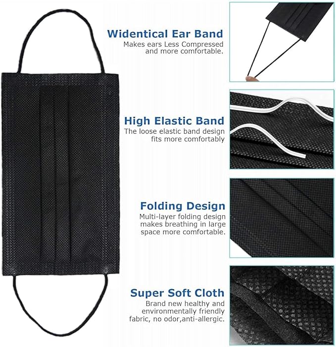 100 Pack Medical Grade Black Disposable Face Masks-Protective 3 Ply Face Mask - Image 2