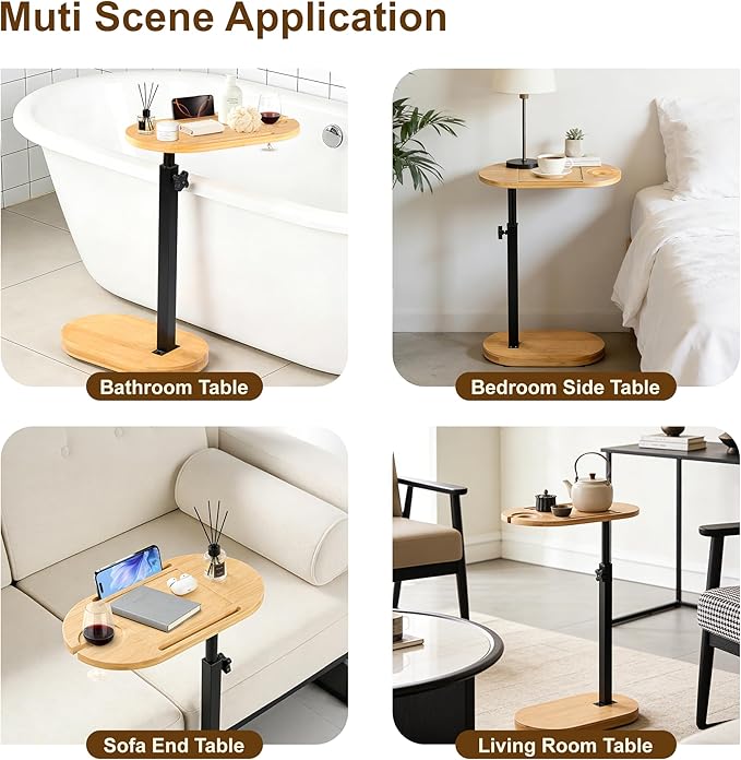Bamboo Bathtub Side Table, 360° Swivel Height Adjustable Freestanding Bath - Image 7