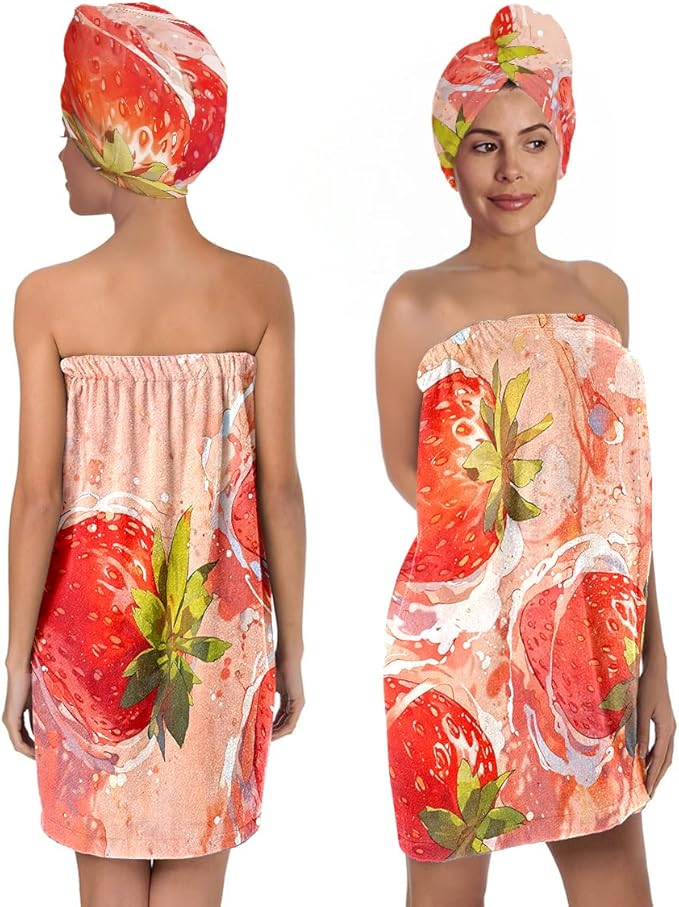 Women’s Strawberry Print Bath Towel and Hair Wrap Set, Soft Absorbent by QIULIBMH