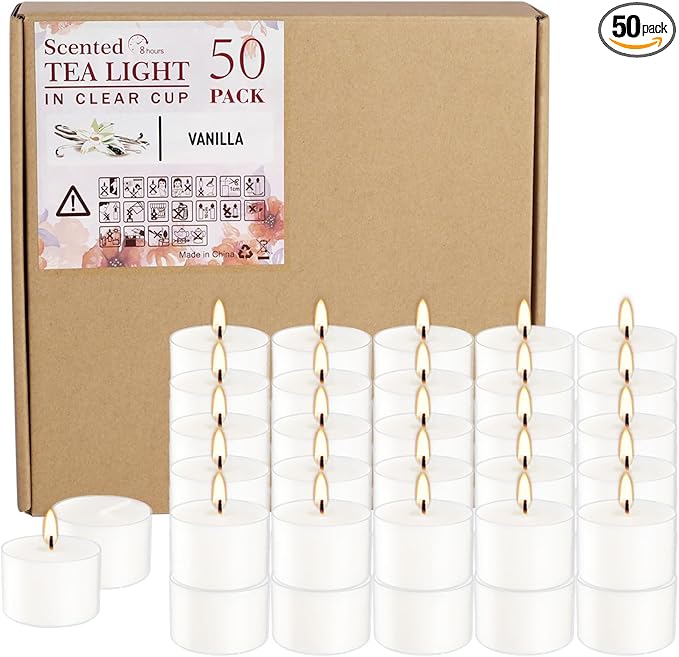 Set of 50 White Scented Tealight Candles Bulk, Vanilla Fragrance Wax by Wfmolcand