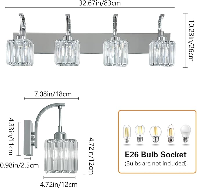 Crystal Vanity Lights 4-Light Chrome Bathroom Vanity Lights Modern Crystal - Image 4