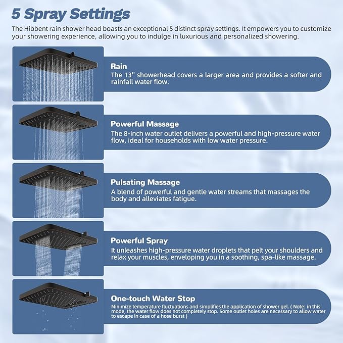 Hibbent 5-spray Filtered Rainfall Shower Head Combo, High Pressure 13'' - Image 2