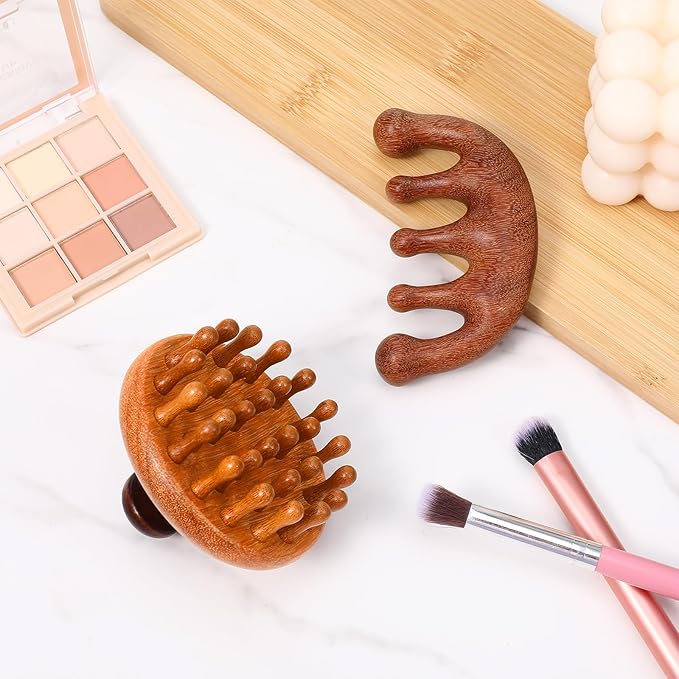 Trinkrittey 2 Pack Wooden Scalp Massager Comb Wooden Hair Brush Head Gua Sha - Image 6