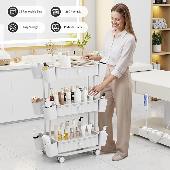 3 Tier Drawer Beauty Cart with 12 Movable Storage Organizer, Thickened ABS & - Image 3