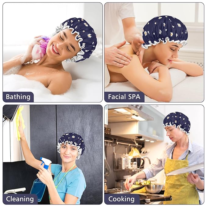 Waterproof Shower Caps for Women, Pattern And Solid Color Dual-Layer Design For - Image 6
