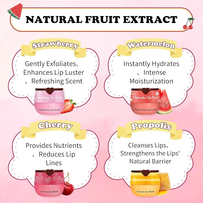 4PCS Lip Scrub and Mask Set, Cherry and Honey Pot Lip Balm, Strawberry and - Image 5