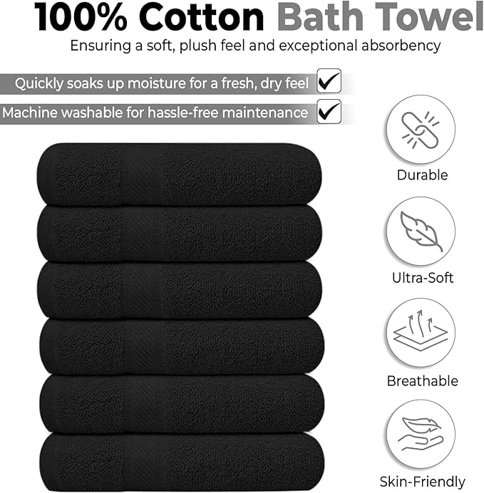 KAHAF COLLECTION 6 Pack Bath Towels Set 100% Ring Spun Cotton, Lightweight - Image 2
